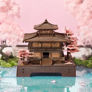 Maquette 3D en bois Rolife Sakura Pavilion représentant un pavillon japonais traditionnel entouré de cerisiers en fleurs.