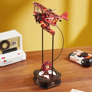 ROKR Sky Captain MCD01 puzzle 3D en bois, biplan rouge mécanique à pendule avec hélice rotative et pilote mobile