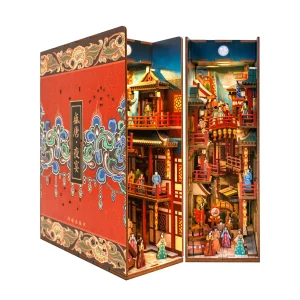 Book Nook Tonecheer The Banquet of Tang Dynasty représentant une scène miniature de la Chine ancienne avec lanternes, pavillons traditionnels, ponts et personnages en costumes d’époque.