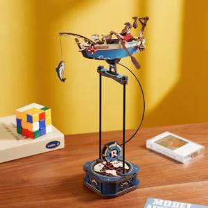 ROKR Ocean Fisher MCD02 puzzle 3D en bois, bateau de pêche mécanique à pendule avec pêcheur, chien et canne à pêche