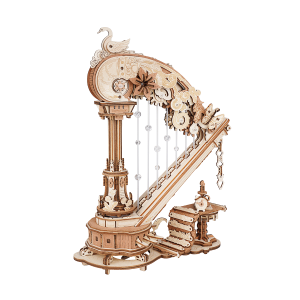 ROKR Magic Harp AMK71, boîte à musique mécanique en bois représentant une harpe rococo avec engrenages, cygne décoratif et cordes perlées.