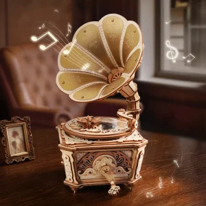ROKR Diva Gramophone AMK82, boîte à musique mécanique en bois avec pavillon doré, disque transparent, engrenages apparents et fleur rotative.