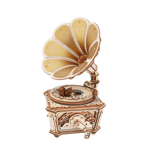 ROKR Diva Gramophone AMK82, boîte à musique mécanique en bois avec pavillon doré, disque transparent, engrenages apparents et fleur rotative.