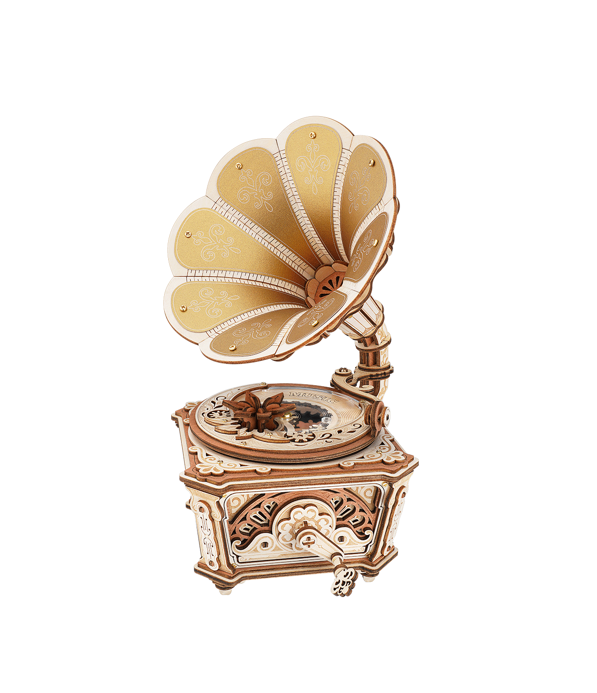 ROKR Diva Gramophone AMK82, boîte à musique mécanique en bois avec pavillon doré, disque transparent, engrenages apparents et fleur rotative.
