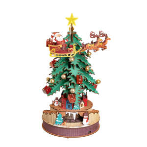 Rolife AMS01 Arbre mélodique de Noël en bois avec sapin décoré, Père Noël en traîneau, rennes et petit train miniature.