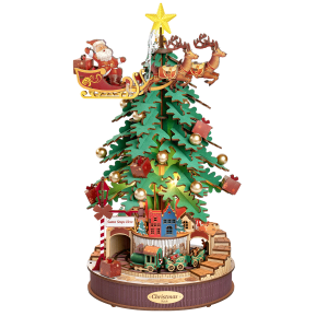 Rolife AMS01 Arbre mélodique de Noël en bois avec sapin décoré, Père Noël en traîneau, rennes et petit train miniature.
