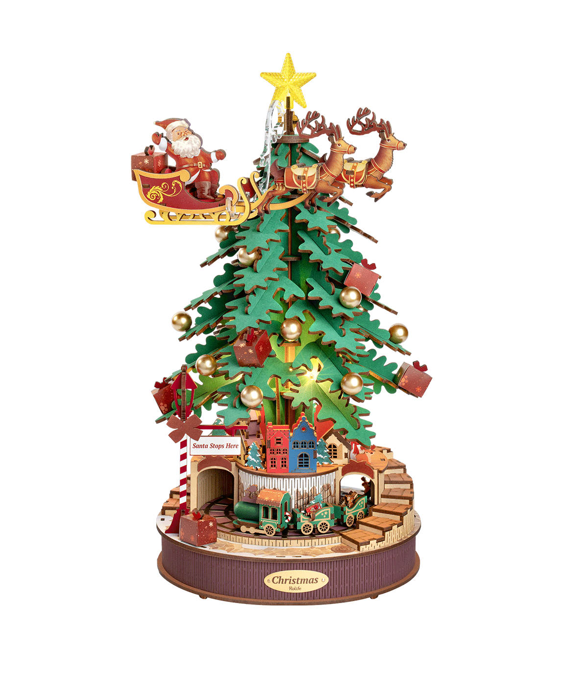 Rolife AMS01 Arbre mélodique de Noël en bois avec sapin décoré, Père Noël en traîneau, rennes et petit train miniature.