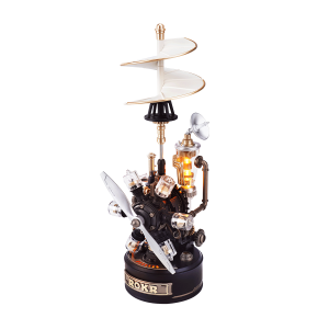 Puzzle 3D mécanique en bois ROKR Leonardo da Vinci Helicopter CGL01 avec hélices, engrenages, moteur à six cylindres et éclairage LED