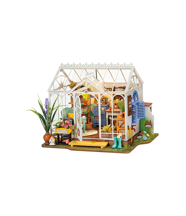 Maison miniature DIY Rolife Dreamy Garden House DG163 représentant une serre de jardin fleurie avec plantes, meubles en bois, accessoires de jardinage et éclairage LED chaleureux.