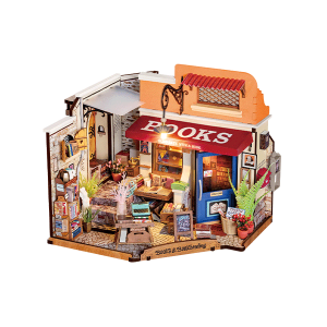 Maison miniature DIY Rolife Corner Bookstore DG164 représentant une librairie d’angle rétro avec livres, étagères, plantes, accessoires et éclairage LED chaleureux.