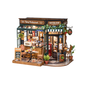 Maison miniature DIY Rolife Tipsy Restaurant DG167 représentant un bistrot rétro avec bar, terrasse, tables, bouteilles, plantes et éclairage LED chaleureux.