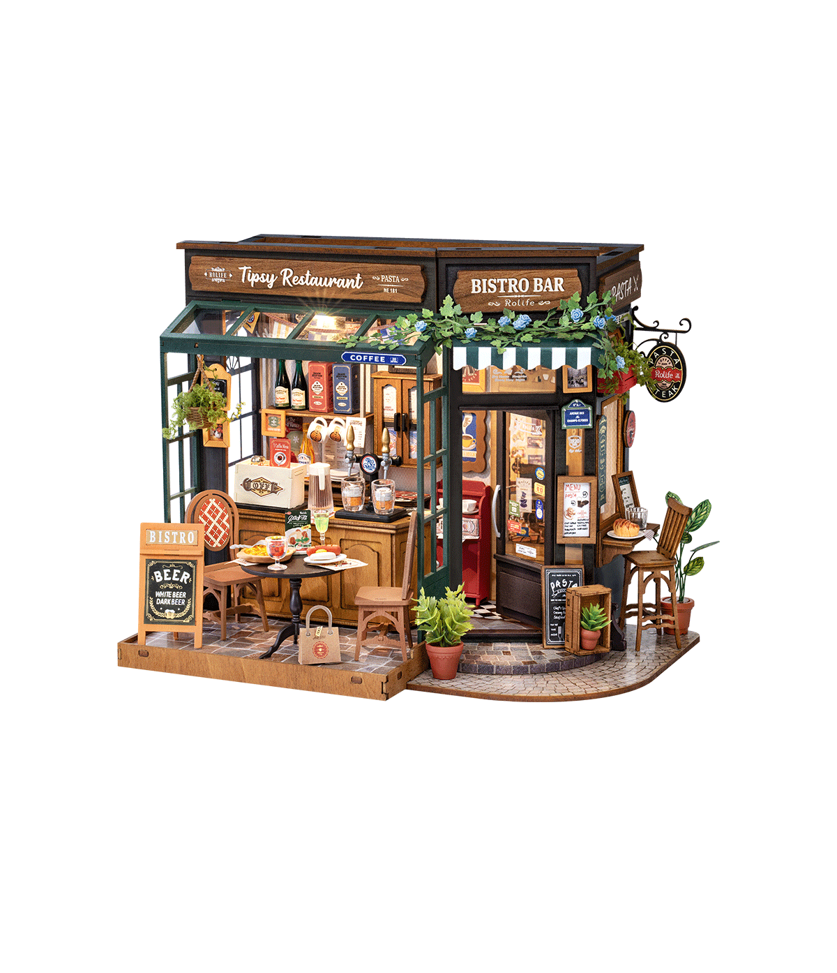 Maison miniature DIY Rolife Tipsy Restaurant DG167 représentant un bistrot rétro avec bar, terrasse, tables, bouteilles, plantes et éclairage LED chaleureux.