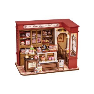Rolife Honey Dessert Talk DG168, maison miniature DIY représentant une élégante pâtisserie française avec vitrines, gâteaux, macarons, beignets et éclairage LED.