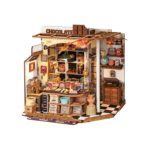 Rolife Henry’s Chocolate DG174, maison miniature DIY représentant une chocolaterie artisanale avec chocolats, pralines, étagères en bois, comptoir et éclairage LED.