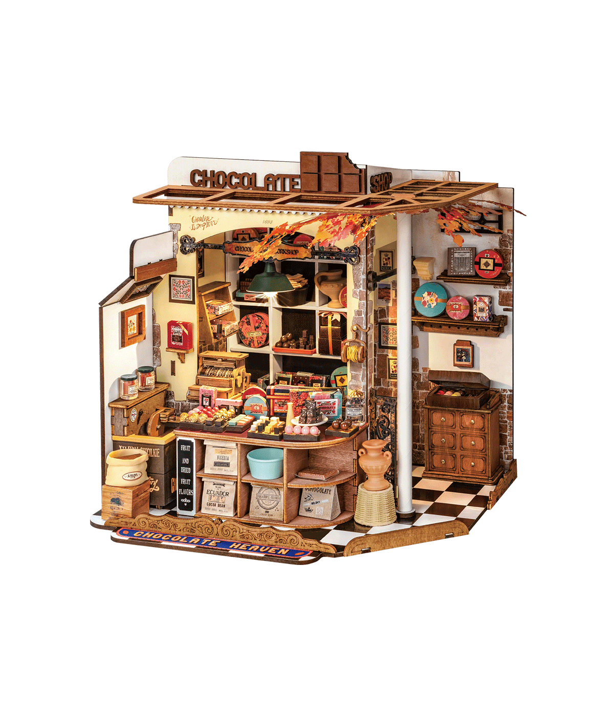 Rolife Henry’s Chocolate DG174, maison miniature DIY représentant une chocolaterie artisanale avec chocolats, pralines, étagères en bois, comptoir et éclairage LED.