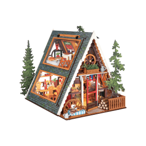 Rolife A-Frame Cabin DG181, maison miniature en bois en forme de A avec intérieur aménagé, mobilier, plantes et décoration forestière.