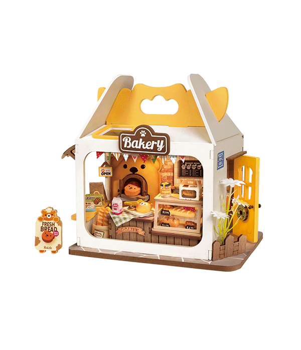 Rolife Teddy’s Breadbox DS033, maison miniature DIY en forme de boîte à pain avec boulangerie, pains, pâtisseries, accessoires et éclairage LED.