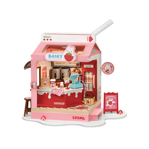 Rolife Strawberry Milk Box DS034, maison miniature DIY rose en forme de boîte de lait à la fraise avec paille, boutique miniature et éclairage LED.