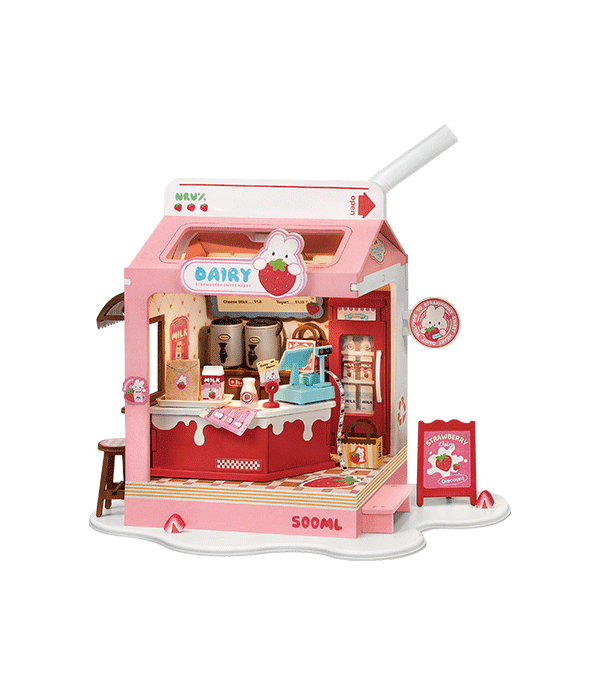 Rolife Strawberry Milk Box DS034, maison miniature DIY rose en forme de boîte de lait à la fraise avec paille, boutique miniature et éclairage LED.