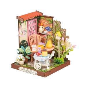 Rolife Fancy Tea Yard DS038 – maison miniature DIY représentant un petit jardin fleuri avec table à thé, plantes, desserts et chariot.