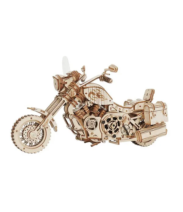 ROKR Cruiser Motorcycle LK504, puzzle 3D mécanique en bois représentant une moto Cruiser avec moteur apparent, roues détaillées et sacoches arrière.