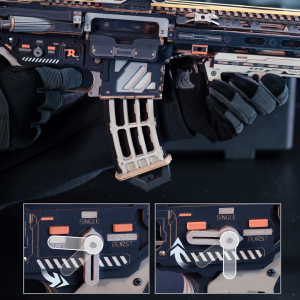 Puzzle 3D en bois ROKR M416 Carbine LQB02 représentant une carabine mécanique en bois dans des tons noir, beige et marron avec viseur, chargeur et crosse réglable.