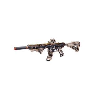 Puzzle 3D en bois ROKR M416 Carbine LQB02 représentant une carabine mécanique en bois dans des tons noir, beige et marron avec viseur, chargeur et crosse réglable.