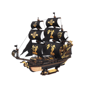 Maquette 3D en bois ROKR The Seahorse Barque MCB02 représentant un majestueux navire de guerre baroque à trois mâts, avec voiles noires, détails dorés et figure de proue en forme d’hippocampe.