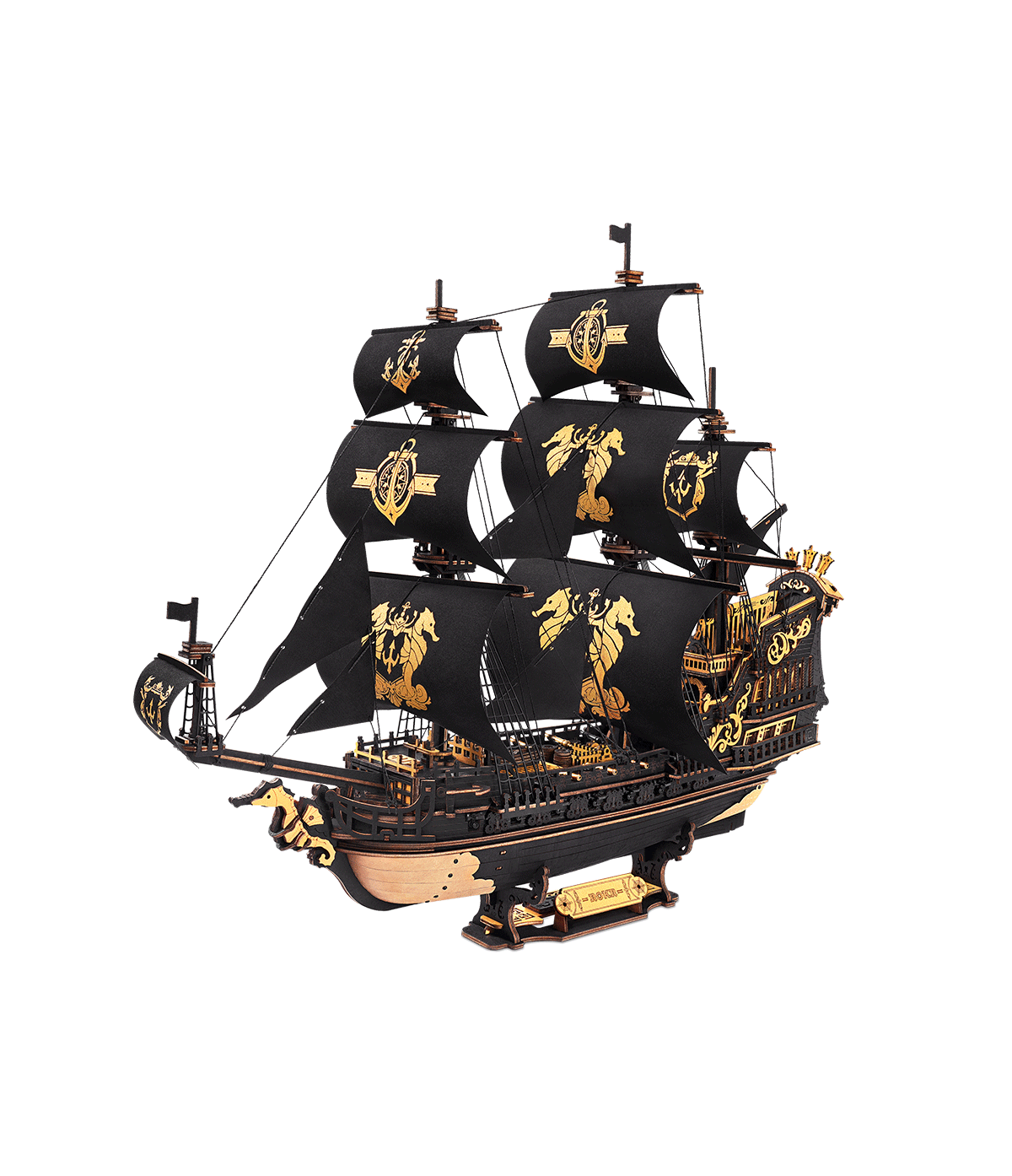 Maquette 3D en bois ROKR The Seahorse Barque MCB02 représentant un majestueux navire de guerre baroque à trois mâts, avec voiles noires, détails dorés et figure de proue en forme d’hippocampe.