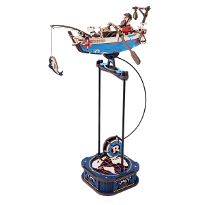 ROKR Ocean Fisher MCD02 puzzle 3D en bois, bateau de pêche mécanique à pendule avec pêcheur, chien et canne à pêche