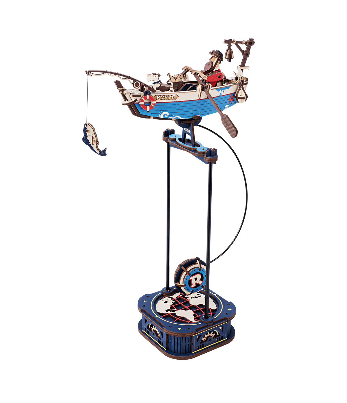 ROKR Ocean Fisher MCD02 puzzle 3D en bois, bateau de pêche mécanique à pendule avec pêcheur, chien et canne à pêche