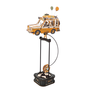 ROKR Road Tripper MCD03 puzzle 3D en bois, véhicule tout-terrain orange avec planche de surf et ballons sur pendule mécanique