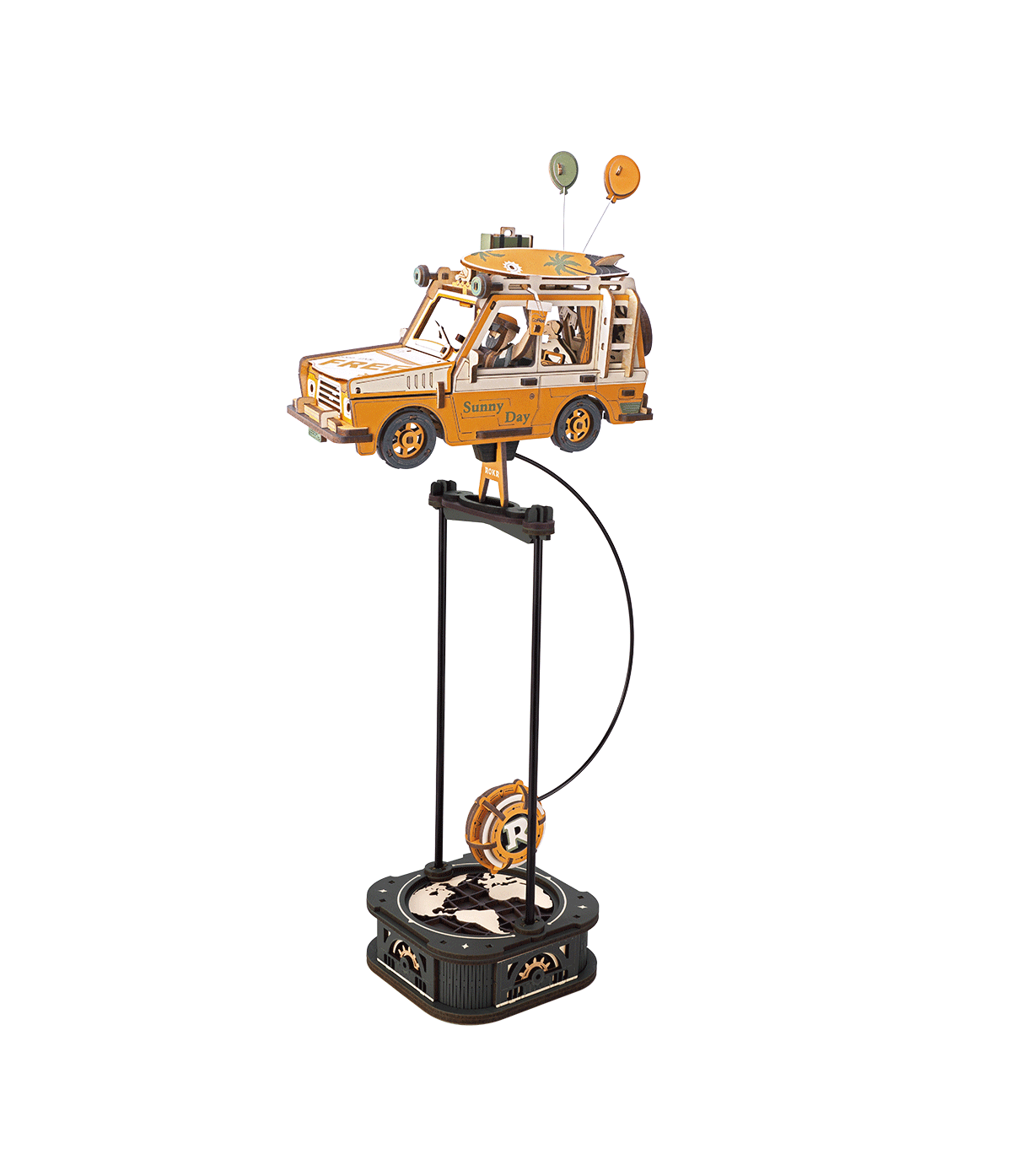 ROKR Road Tripper MCD03 puzzle 3D en bois, véhicule tout-terrain orange avec planche de surf et ballons sur pendule mécanique