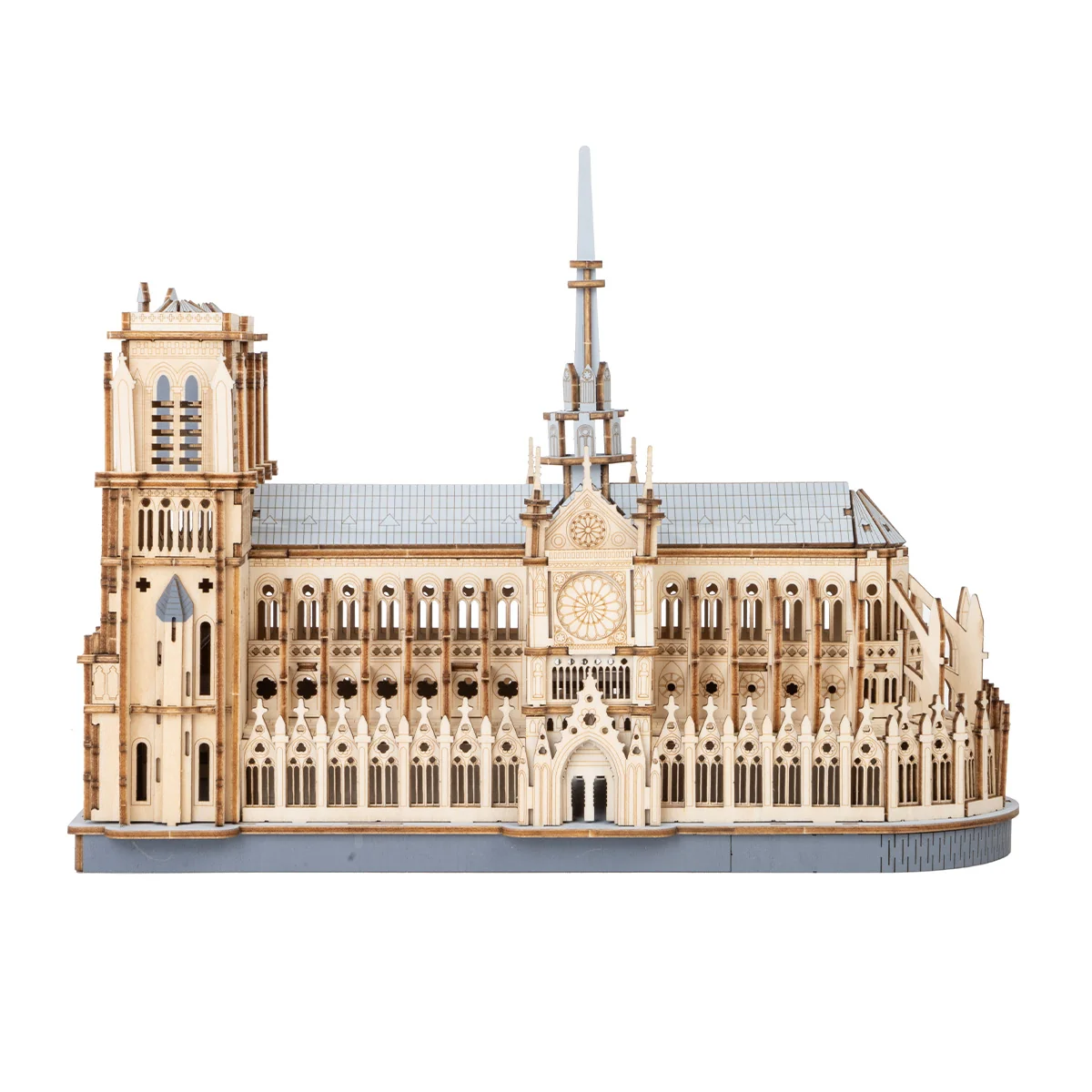 Puzzle 3D en bois Rowood TG511 représentant la Cathédrale Notre-Dame de Paris avec ses clochers, sa rosace, sa flèche et ses détails d’architecture gothique.