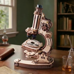 ROKR Microscope ST005, puzzle 3D en bois fonctionnel avec engrenages apparents, objectifs interchangeables et mécanisme de mise au point.