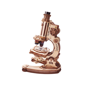 ROKR Microscope ST005, puzzle 3D en bois fonctionnel avec engrenages apparents, objectifs interchangeables et mécanisme de mise au point.
