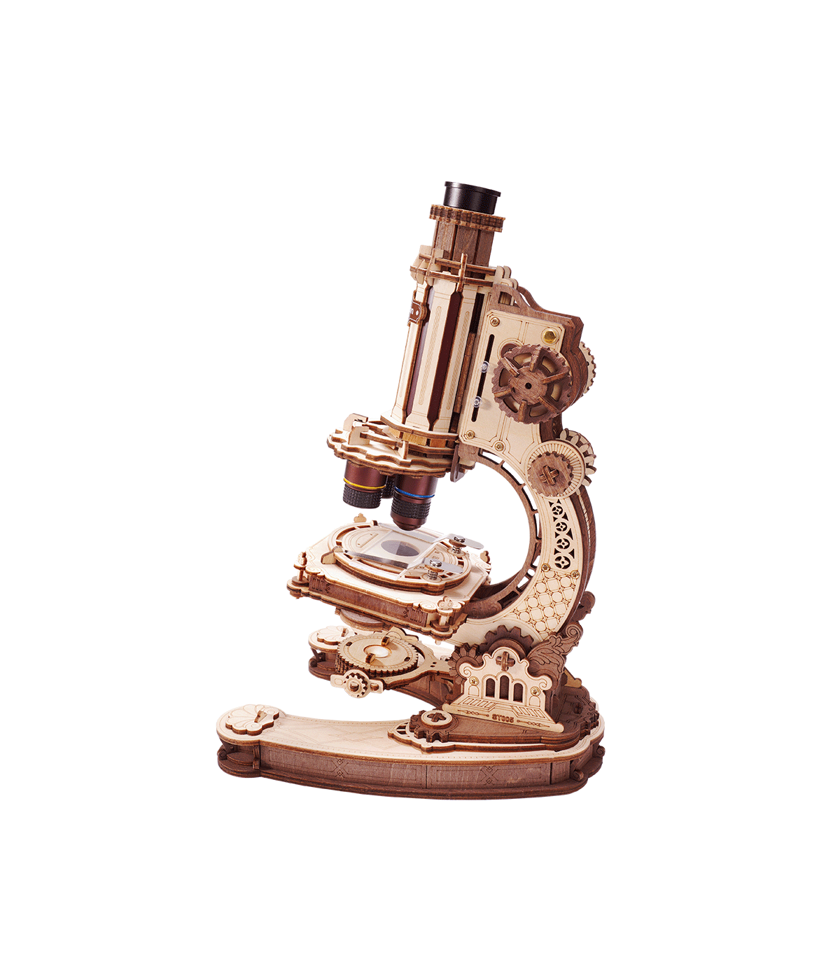 ROKR Microscope ST005, puzzle 3D en bois fonctionnel avec engrenages apparents, objectifs interchangeables et mécanisme de mise au point.