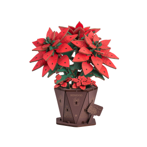 Poinsettia TF001 de Rowood, puzzle 3D en bois représentant une plante de Noël aux feuilles rouges et vertes, assemblée dans un pot décoratif en bois.