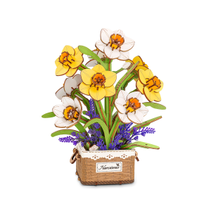 Narcissus TF002 de Rowood, puzzle 3D en bois représentant un bouquet de fleurs jaunes et blanches avec des feuillages verts et des fleurs violettes, présenté dans un panier décoratif en bois.