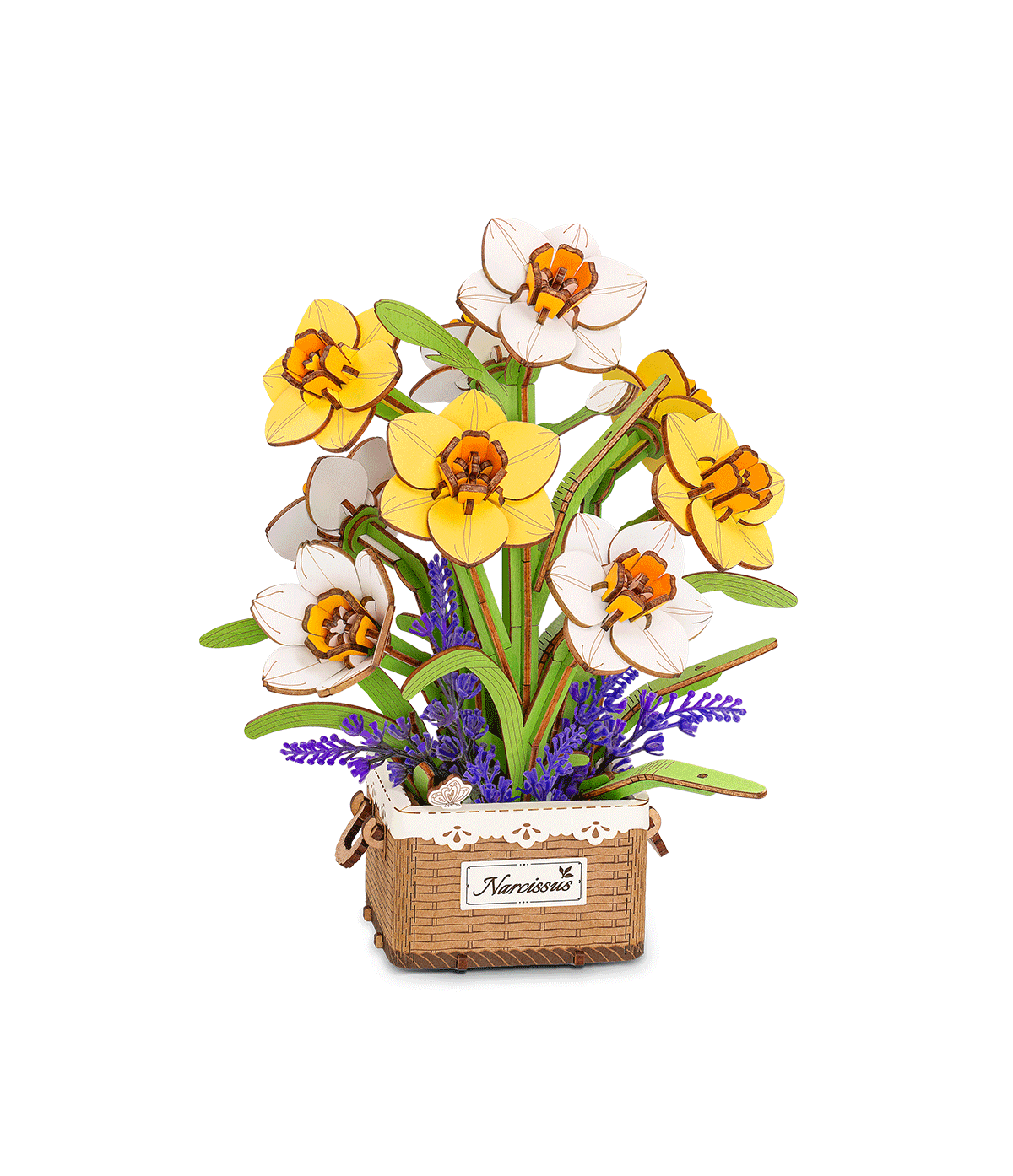 Narcissus TF002 de Rowood, puzzle 3D en bois représentant un bouquet de fleurs jaunes et blanches avec des feuillages verts et des fleurs violettes, présenté dans un panier décoratif en bois.