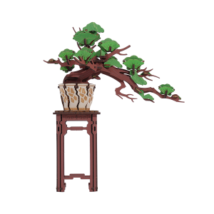 Evergreen Pine Bonsai TG510 de Rolife, maquette 3D en bois représentant un bonsaï japonais aux branches étendues et au feuillage vert, installé dans un pot décoratif sur un support en bois traditionnel.
