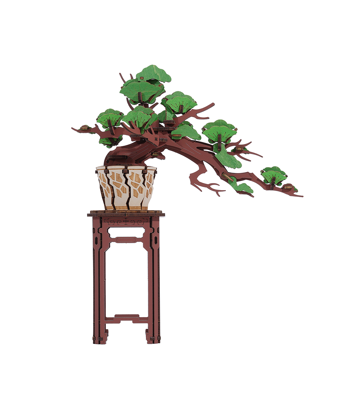 Evergreen Pine Bonsai TG510 de Rolife, maquette 3D en bois représentant un bonsaï japonais aux branches étendues et au feuillage vert, installé dans un pot décoratif sur un support en bois traditionnel.