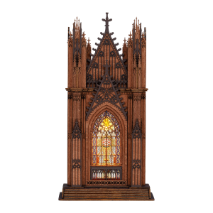 Maquette 3D en bois Rolife TGA01 représentant une cathédrale gothique miniature à deux tours, avec une grande rosace en vitrail coloré illuminé.