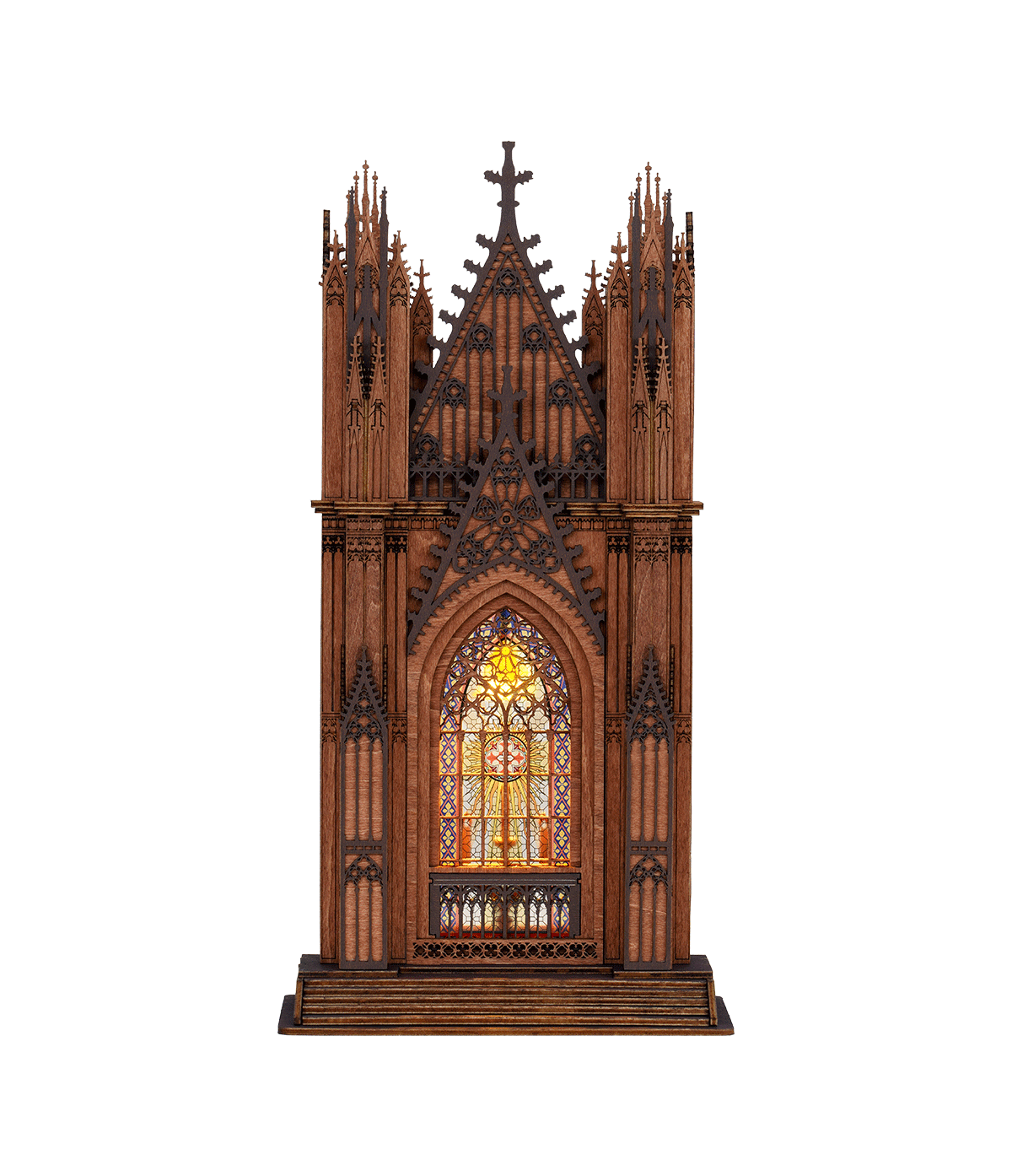 Maquette 3D en bois Rolife TGA01 représentant une cathédrale gothique miniature à deux tours, avec une grande rosace en vitrail coloré illuminé.