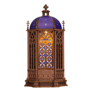 Maquette 3D en bois Rolife TGA02 représentant une cathédrale gothique miniature avec un dôme bleu étoilé, de grands vitraux colorés et des détails architecturaux finement découpés.