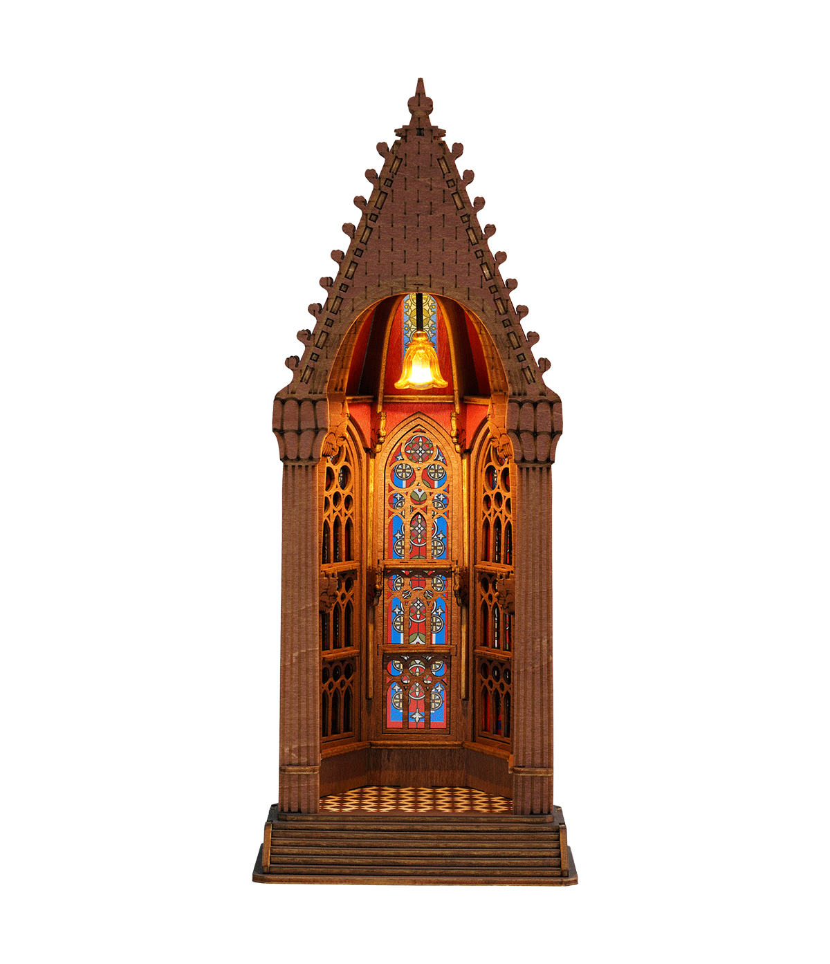 Maquette DIY en bois Geometric Cathedral de Rolife, représentant une cathédrale gothique miniature avec arches sculptées, vitraux colorés et éclairage LED chaleureux.