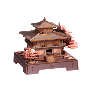 Maquette 3D en bois Rolife Sakura Pavilion représentant un pavillon japonais traditionnel entouré de cerisiers en fleurs.