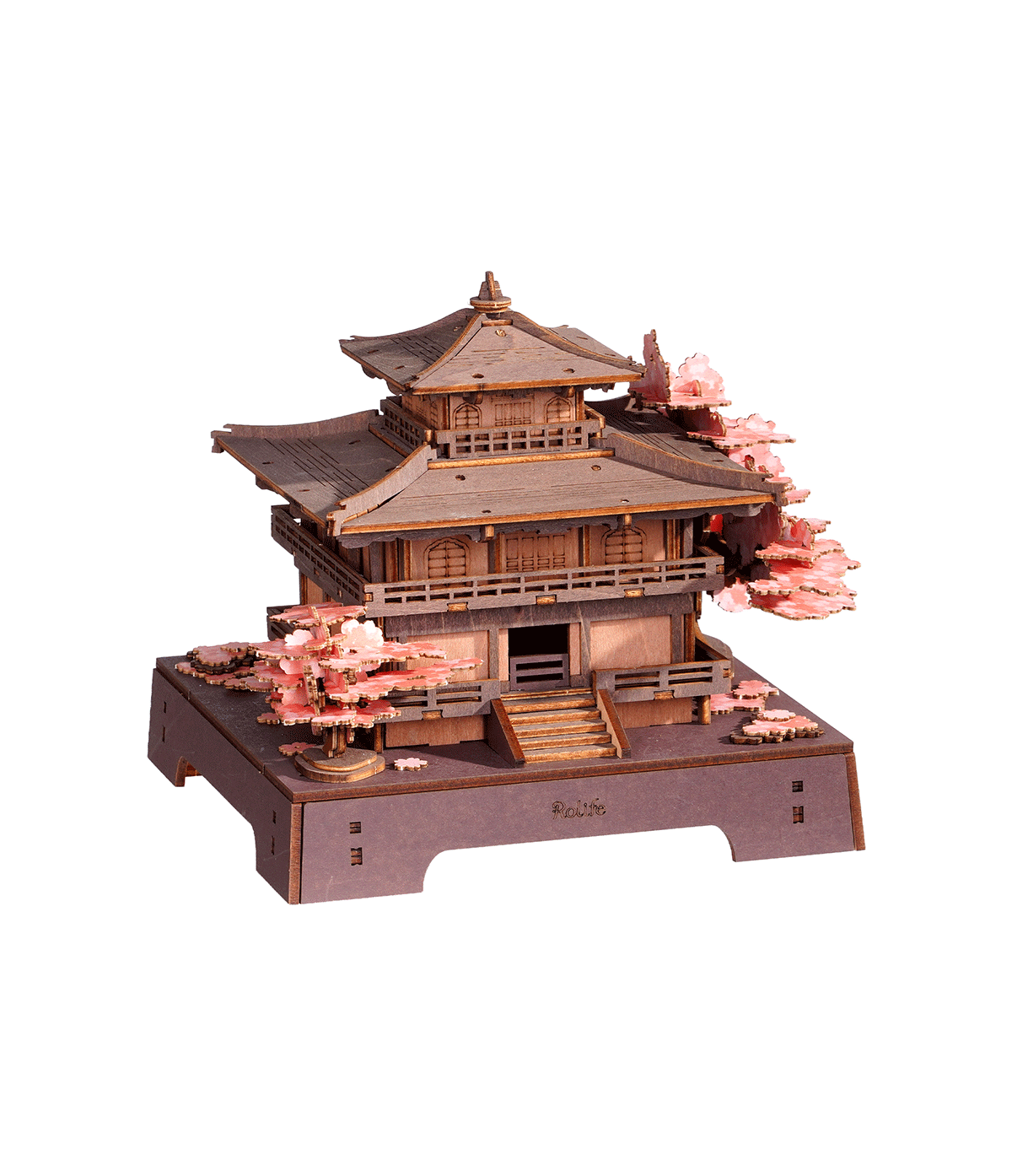 Maquette 3D en bois Rolife Sakura Pavilion représentant un pavillon japonais traditionnel entouré de cerisiers en fleurs.