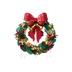 Rolife Couronne de Noël TGL04 en bois avec nœud rouge, clochettes dorées, décorations de Noël et éclairage LED.