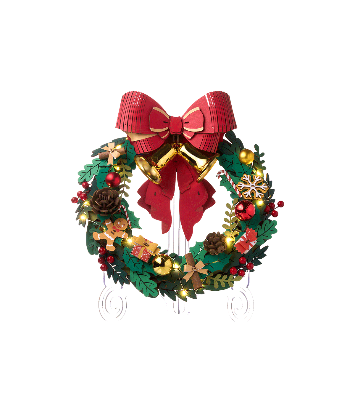 Rolife Couronne de Noël TGL04 en bois avec nœud rouge, clochettes dorées, décorations de Noël et éclairage LED.
